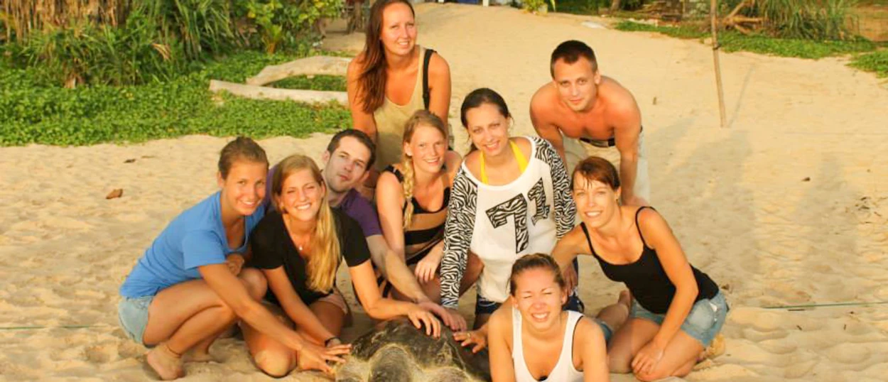 A group of happy young volunteers gathered around a sea turtle on the sandy beach in Sri Lanka.